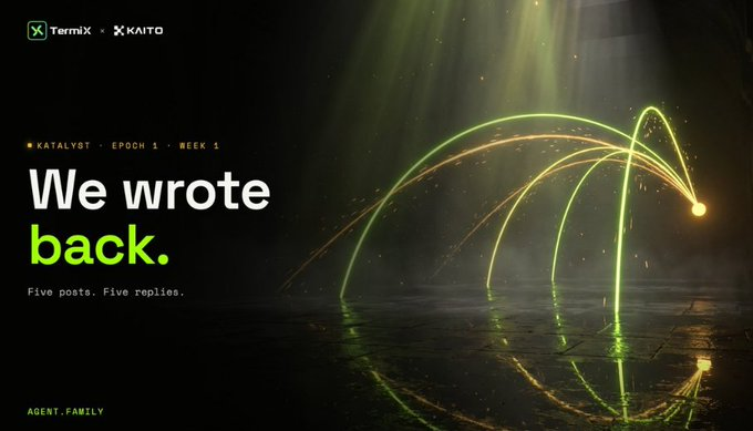 A dark promotional graphic for 'Termix x KAITO' titled 'KATALYST · EPOCH 1 · WEEK 1' reads 'We wrote back. Five posts. Five replies.' with glowing green and yellow light trails arching across the right side.