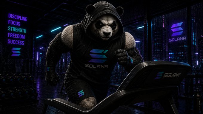 The image features a panda bear wearing workout gear, including a hoodie and shorts, running on a stationary bike while surrounded by neon lights. The background includes text that reads "discipline stays. keep building. keep shipping." This suggests that the panda is promoting a fitness or wellness-related theme, possibly related to the Solana cryptocurrency.