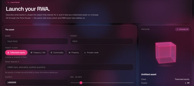 A web interface for launching an RWA (Real World Asset) titled 'Launchpad - Launch your RWA', with fields filled in for 'Vault Gold' (ticker XALV) as a tokenized equity asset, showing a pink cube preview and supply of 1,000,000.