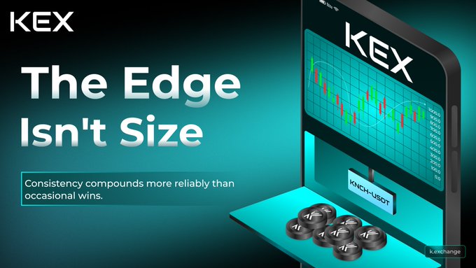 Promotional graphic for KEX exchange with the tagline 'The Edge Isn't Size' and 'Consistency compounds more reliably than occasional wins.', showing a phone displaying a KNCH-USDT candlestick chart.