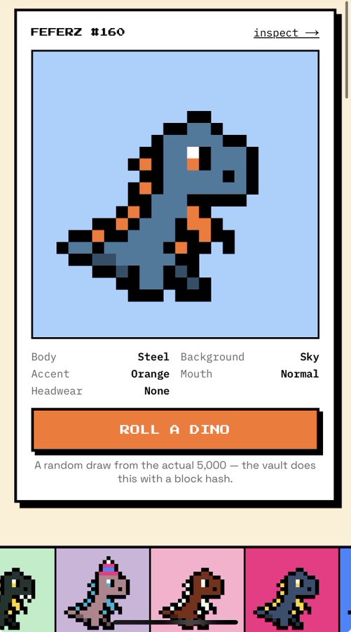 A pixel-art dinosaur character card labeled "FEFERZ #160" with Steel body, Orange accent, Sky background, and a "ROLL A DINO" button, representing the first $Stable coin NFT mint onchain. The dino (#160) showcases the random draw feature from the 5,000-item vault used in the $feferz purchase.