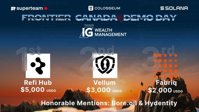 The image shows a banner for the Frontier Canada Demo Day with two logos displayed side by side - one of which features an image of a mountain against orange and blue skies, while the other has three logos representing various investment opportunities from companies like @IGWealth_Mgmt, #Colosseum, and @Solana. The post also mentions that there is a $5,000 USDG Vellum winning entry in the competition sponsored by RefiHub.