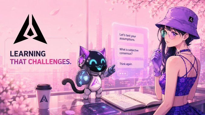 A pink-tinted anime-style illustration shows the GenLayer logo with the tagline "LEARNING THAT CHALLENGES," alongside a robotic cat mascot named Mochi posing questions like "What is subjective consensus?" to a purple-haired anime girl in a bucket hat sitting at a café table with a laptop and notebook. The image visually reinforces the post's claim that GenLayer's Mochi mascot represents an interactive, substantive feature of the project rather than just shallow marketing.