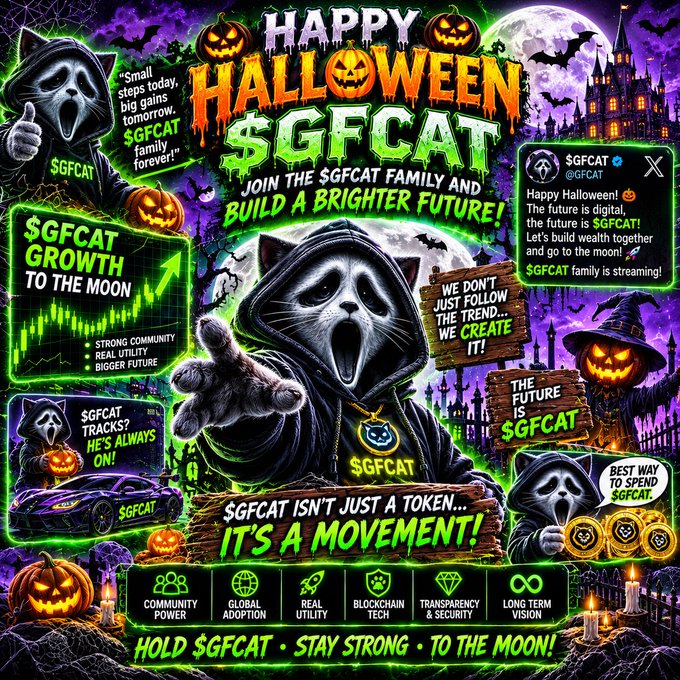 A vivid Halloween-themed promotional poster for “$GFCAT,” featuring a ghostlike cat mascot, pumpkins, bats, a spooky castle, and slogans such as “Happy Halloween,” “Join the $GFCAT family and build a brighter future!,” and “Hold $GFCAT · Stay Strong · To the Moon!”