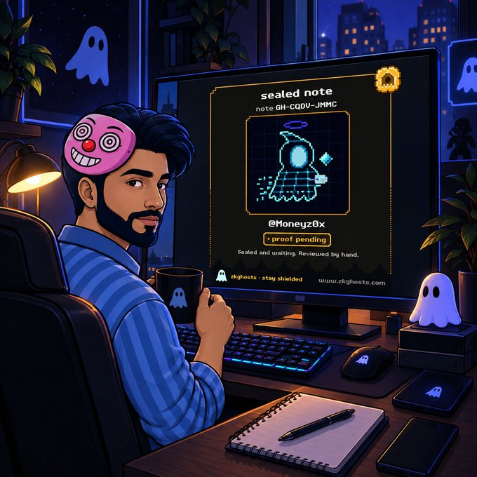 An illustrated scene shows a bearded man with a pink hypnotic-spiral mask pushed up on his forehead, sitting at a computer displaying a 'sealed note' with pixel-art ghost artwork, the handle '@Moneyz0x', and 'proof pending' status, surrounded by ghost-themed decor and a mug.