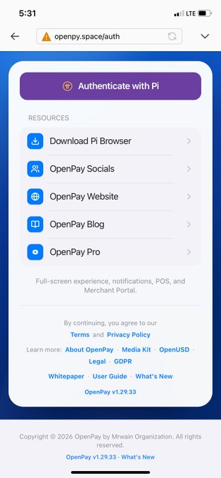 A screenshot of the openpy.space/auth website on a mobile browser showing an 'Authenticate with Pi' button and various OpenPay resources.