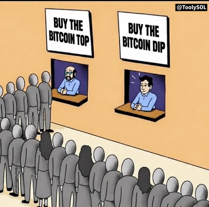 A cartoon illustration by @ToolySOL depicting two separate queues: a massive crowd lined up at a window labeled 'BUY THE BITCOIN TOP' with a bald man, and a single person at a window labeled 'BUY THE BITCOIN DIP' with an anxious-looking man.