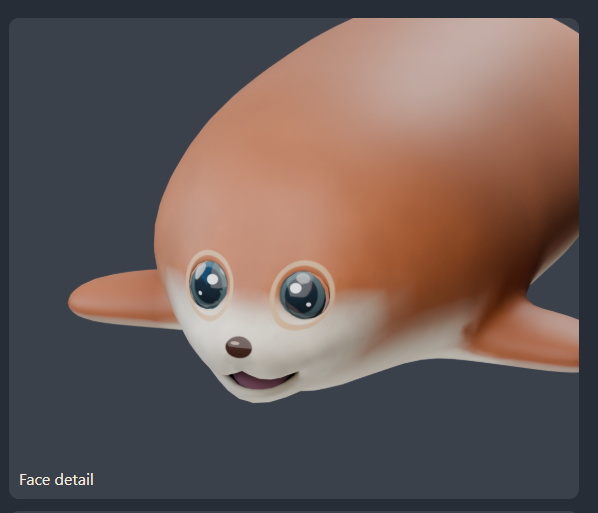 Close-up 3D render of a cartoon sea otter with large blue eyes and orange and white fur, labeled 'Face detail' in the bottom left corner.