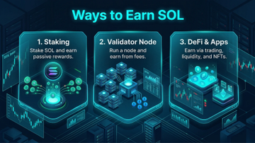 The image features a 3x3 grid of blue boxes, each containing information about different ways to earn Solana. The first box contains information about staking, the second box explains the concept of validator nodes, and the third box provides details on how to run a node and earn from fees.