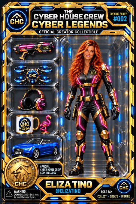 A toy package titled 'THE CYBER HOUSE CREW CYBER LEGENDS' featuring an action figure labeled 'ELIZA TINO @ELIZATINO' alongside accessories like a drone, gun, headphones, mug, flamingo, and car.