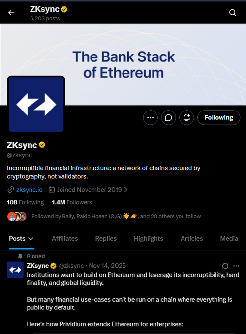 The image is a screenshot of a Facebook page or Twitter account belonging to a bank, which is called "The Bank Stack of Etherium". The title of this account is "The Bank Stack of Etherium" written with a blue font at the top and an orange font in the bottom right corner. In the center of the post, there are two posts: one about financial infrastructure being built on Etherium by @zksync, who wants to build it; and another one about how to prevent the risk when using Etherium for all business applications (like financial management).