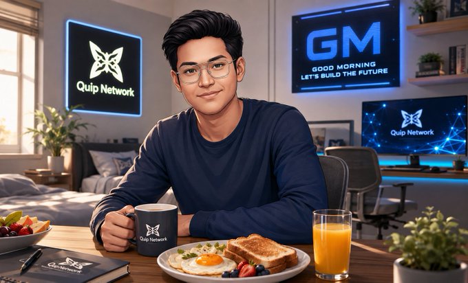 A young man sits at a breakfast table in a modern room branded with "Quip Network" signage and a "GM GOOD MORNING LET'S BUILD THE FUTURE" screen, holding a Quip Network mug beside a plate of eggs and toast. The image pairs with the post's "Good morning" message, visually framing the discussion about Quip Network's CPU miner memory usage issue (27.1 GiB on a 32 GiB host).