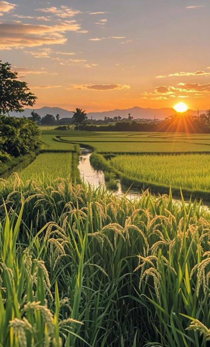 The image features a beautiful sunset over a rice field with tall grasses swaying gently under the warm glow of the setting sun. The sky above is filled with clouds, adding depth and texture to the scene. In the background, there are mountains visible in the distance, providing a stunning backdrop for the picturesque landscape. The post includes text that reads "Hey bros, wishing you a lucky new day... Today, which bro' s got some gains to post up for motivation? Lately, Elon's been on a slaughtering spree, everyone's stuck, lol."