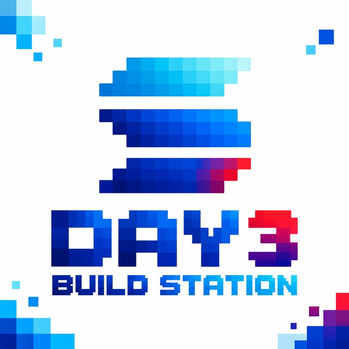 A pixel-art style logo for 'DAY3 BUILD STATION' featuring three blue/cyan/red blocks stacked above the text.