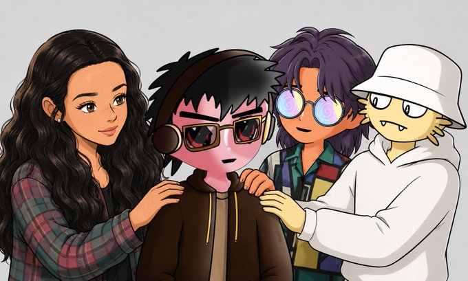 A digital illustration showing four cartoon-style characters standing together, with the central figure (a pink-skinned character with headphones and sunglasses) being embraced on the shoulders by the others—likely representing the crypto/Web3 community members being thanked in the post for helping the creator pay off their $572 debt through content creation.