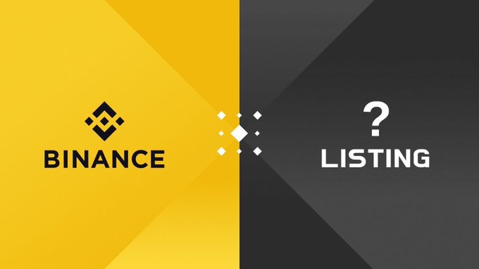 The image is a split graphic with Binance's yellow logo and "BINANCE" text on the left and a question mark with "LISTING" on the right, hinting at an upcoming new token listing to be announced.