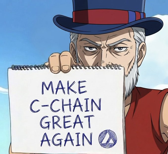 An anime-style illustration of an elderly man with white beard wearing a top hat, holding a notepad with the message 'MAKE C-CHAIN GREAT AGAIN' alongside an AVAX (Avalanche) logo.