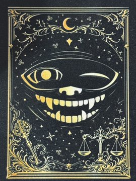 A stylized gold illustration on a black background featuring a winking smiling face with one large eye, surrounded by stars, a crescent moon, a key, and a scale.