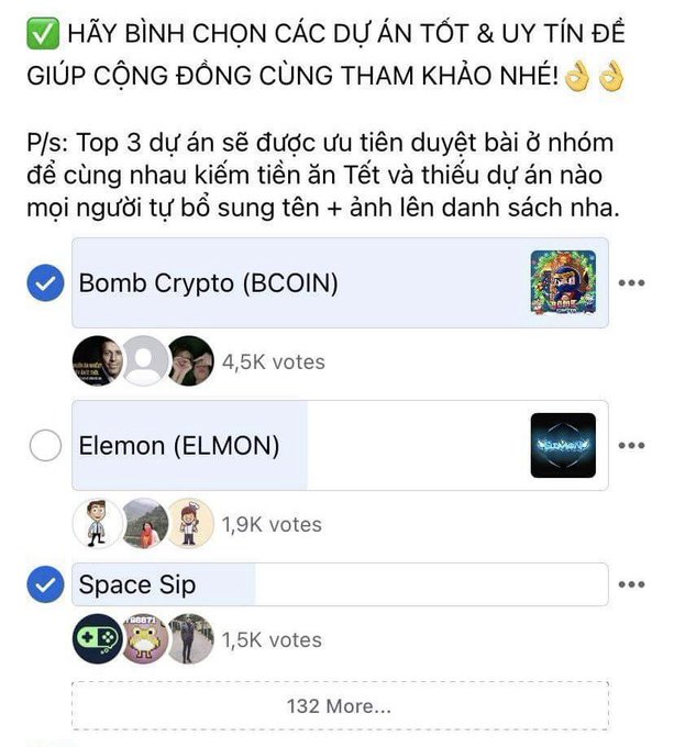A Vietnamese-language poll asking users to vote for good and reputable projects, listing options like "Bomb Crypto (BCOIN)" with 4.5K votes, "Elemon (ELMON)" with 1.9K votes, and "Space Sip" with 1.5K votes.