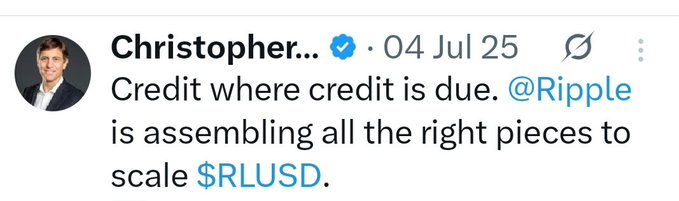 A verified social media post by Christopher dated 04 Jul 25 reads: "Credit where credit is due. @Ripple is assembling all the right pieces to scale $RLUSD," which visually supports the context of Franklin Templeton's Chris Perkins previously endorsing Ripple's $RLUSD stablecoin.