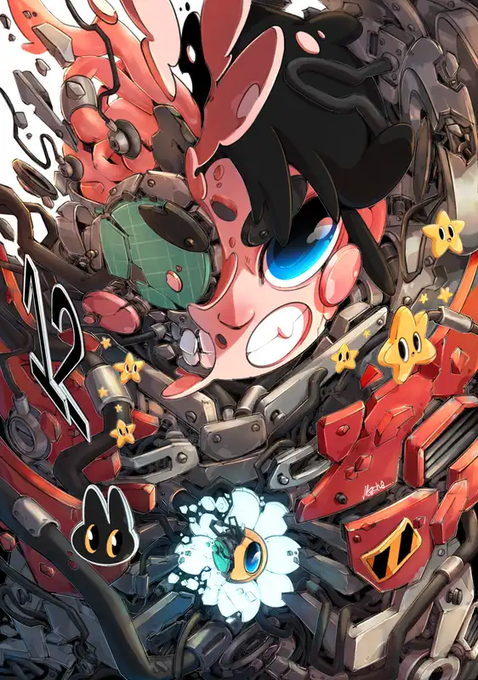 A vibrant, chaotic illustration featuring a stylized pink anime-like character with blue eyes surrounded by mechanical gears, balloons, and small star-shaped creatures, with Japanese text "ワァ" overlaid. The dynamic, energetic artwork visually mirrors the post's optimistic and enthusiastic sentiment about the future of NFTs ("New week, same conviction... Still believe NFTs have their best days ahead.") through its bold, forward-charging composition.