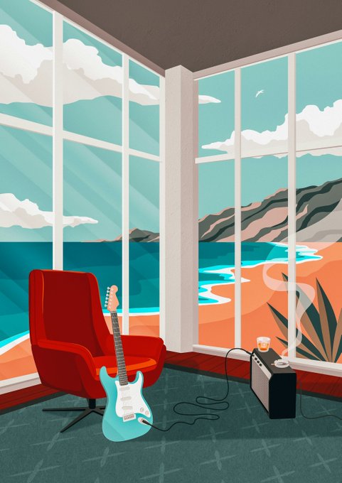 A stylized illustration of a bright room with large windows overlooking a beach, containing a red armchair, a turquoise electric guitar plugged into an amplifier, and a coffee cup on the amp.