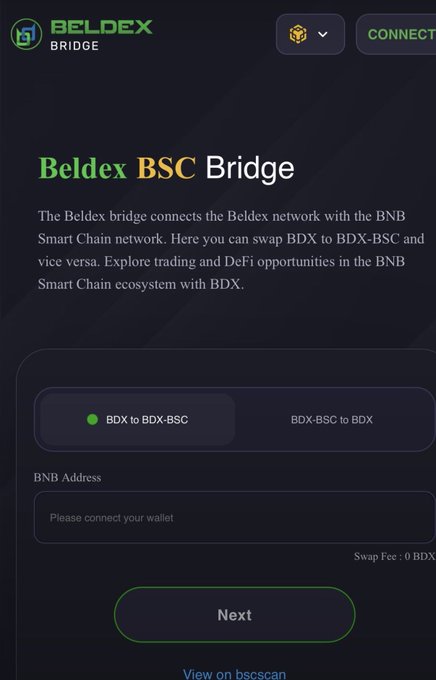 A screenshot of the 'Beldex BSC Bridge' interface, a tool to swap BDX tokens between the Beldex network and BNB Smart Chain, featuring a 'BDX to BDX-BSC' toggle and a wallet connection prompt.