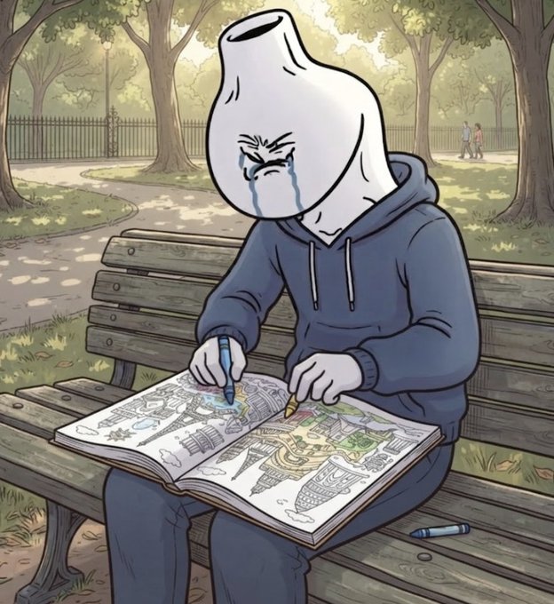 An illustration shows a figure with a white vase-like head and blue tears for a face, wearing a dark hoodie and drawing in a sketchbook on a park bench.