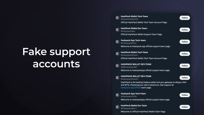 An informational graphic titled 'Fake support accounts' showing a list of fraudulent 'HashPack' social media accounts posing as official support.