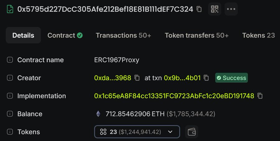 Screenshot of a blockchain explorer showing details for contract '0x5795d227DcC305Afe212Bef18E81B111dEF7C324', identified as ERC1967Proxy with a balance of 712.85462906 ETH ($1,785,344.42).