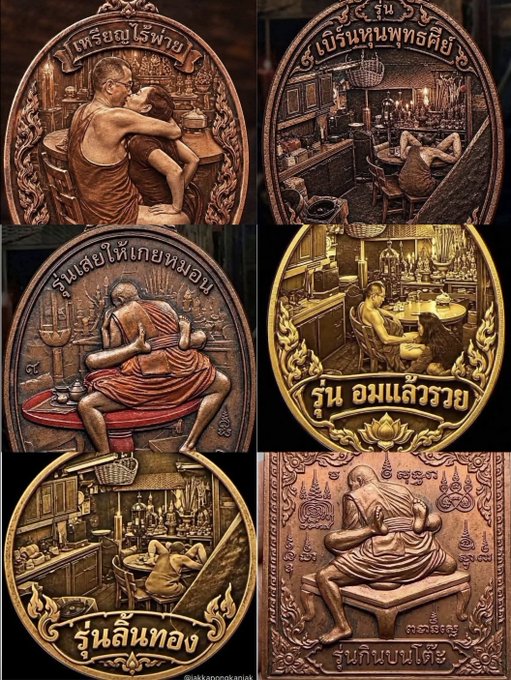 A collection of six Thai amulets/coins featuring Buddhist monks and figures in various poses, including embracing and seated scenes, with Thai text inscribed on them such as 'รุ่นอุดแล้วรวย' and 'รุ่นเลือกทอง'.