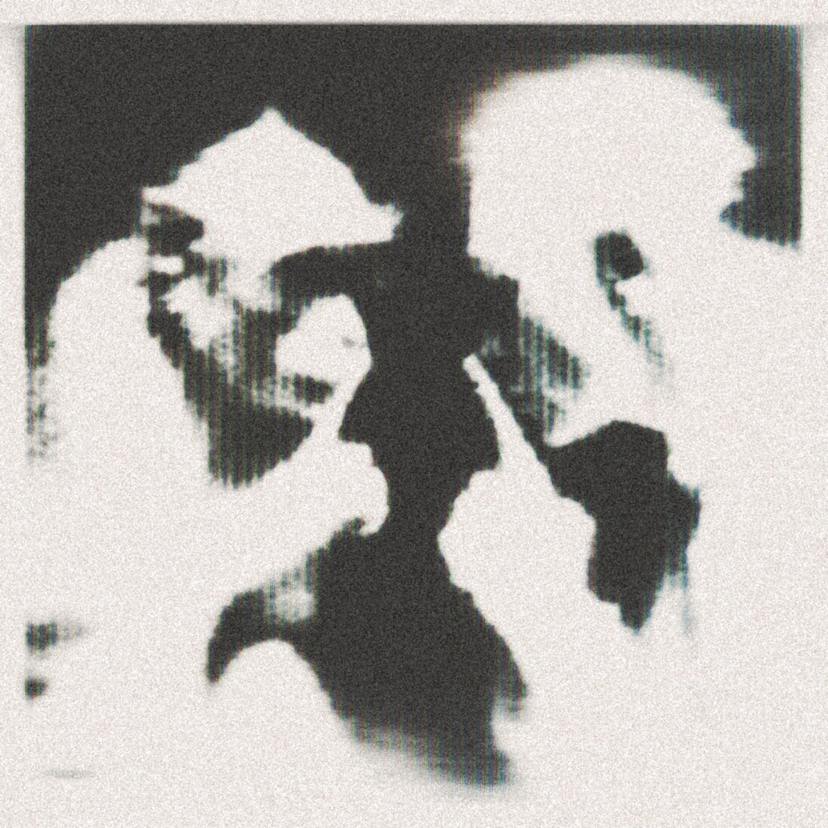 The image features two people standing next to each other, with their shadows cast on a wall behind them. There are no texts or labels present in the image, and only a few specks of color that appear to be the result of an AlgoSilent filter applied during its creation process. This filter gives the photo a grainy and somewhat translucent quality. The people's faces are partially visible, adding depth to the composition while still keeping their outlines discernible.