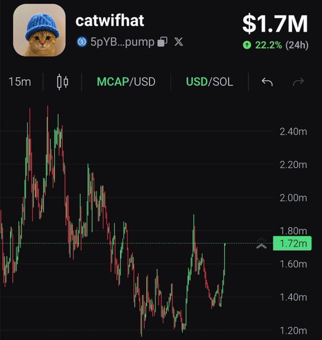 A price chart of the meme token $CATWIF (catwifhat), showing a market cap of $1.7M with a 22.2% gain over 24 hours, currently sitting at $1.72M after recovering from a dip toward $1.20M—the chart's upward rebound aligns with the post's claims of building momentum, accumulating holders, and early-stage growth potential.