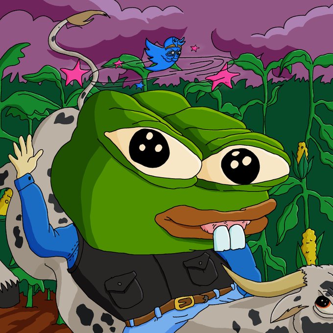 A cartoon illustration of a sad-looking Pepe the Frog character with large teary eyes, wearing a black vest and blue shirt, holding a bone while standing next to what appears to be a cow, set against a cornfield backdrop with a blue bird flying overhead.