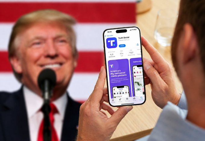 A person holds a smartphone displaying the "Truth Social" app interface, positioned in front of a blurred image of Donald Trump. The image illustrates the connection between Trump's social media presence and its potential impact on market-moving information.