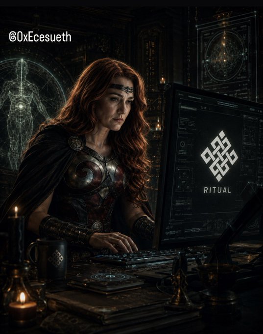 The image features an older woman with red hair, dressed as a warrior princess or queen, sitting at a desk using a computer. The background includes a dark room filled with various objects such as books, candles, and a clock. The caption reads "A new month, the same Ritual as always Markets change, narratives rotate, and attention moves from one hype to another". This suggests that the woman is engaged in an activity related to ritual or storytelling, possibly writing or researching something on her computer. The presence of the clock indicates that time is a factor in this narrative, which could be tied to the concept of rituals being timeless traditions that continue through generations.

The image also contains the words "Ritual" and "focus", which further emphasize the theme of ritual and its importance within the context of storytelling or research. The woman's red hair adds a unique visual element to the scene, making her stand out as the central figure in this narrative.