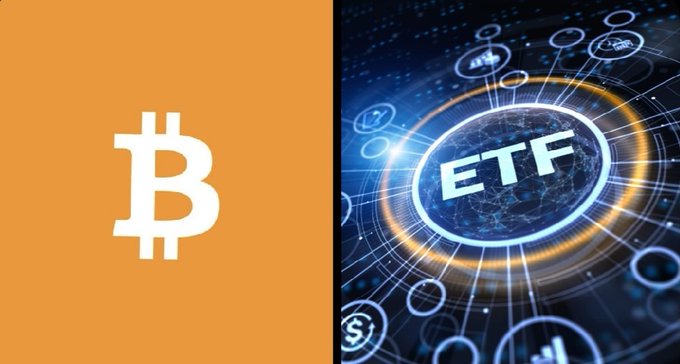 The image features the Bitcoin (₿) logo on an orange background next to a digital graphic displaying "ETF" surrounded by interconnected network nodes, symbolizing the surge in spot Bitcoin ETF inflows. The visual reinforces the post's message of bullish institutional momentum, as Bitcoin ETFs attract $128.69M in net inflows amid Bitcoin holding steady around $65K.