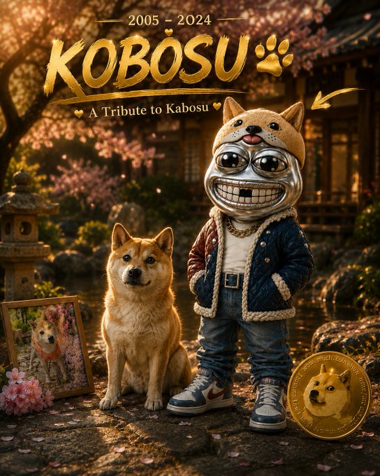 A memorial tribute image titled '2005-2024 KOBOSU A Tribute to Kabosu' showing a Shiba Inu dog beside a cartoon figure with a grinning mask, a framed photo, and a gold commemorative coin in a Japanese garden setting.