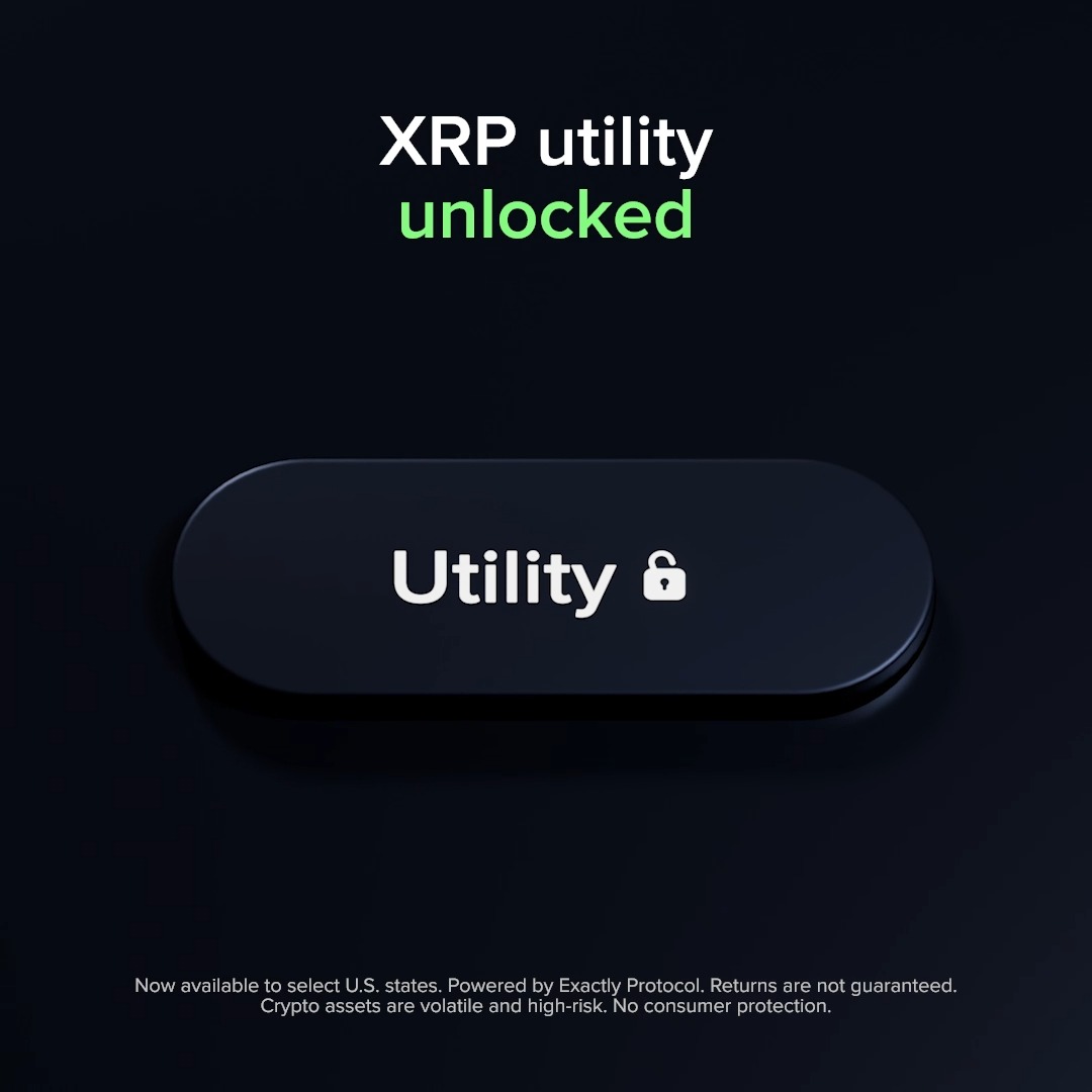 The image features a black button with white text that says "XRP utility" at the top of the button. Below this, there are two lines of green text that say "Unlock XRP utility". The background of the image is dark blue. In the bottom right corner of the image, there's an advertisement for a credit card called Uphold. It appears to be a promotional post about XRP utility and how it can be used with the Uphold app.