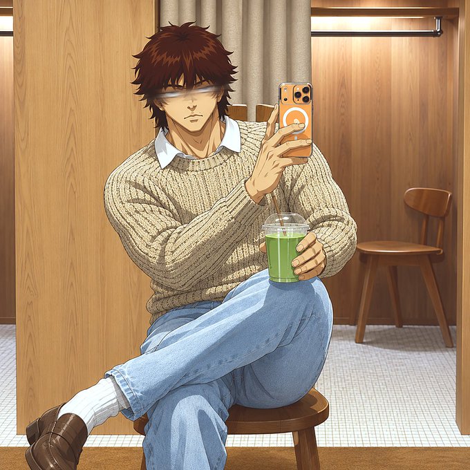 An anime-style illustration of a man with glowing eyes taking a mirror selfie with an orange phone while holding a green iced beverage.