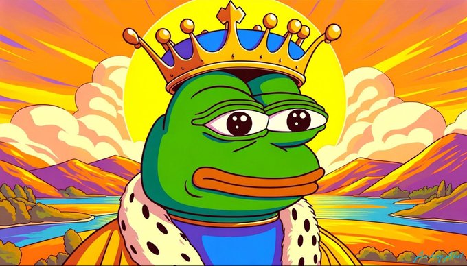 A green Pepe the Frog wearing a golden crown and royal cape, depicted in a stylized illustrated landscape with a sunburst background, referencing the $Pepe meme coin by portraying the frog as a "king" of the crypto space.