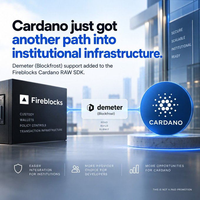 The image is a promotional graphic announcing that Cardano has gained another path into institutional infrastructure, specifically highlighting that Demeter (Blockfrost) support has been added to the Fireblocks Cardano RAW SDK. It visually depicts a connection between Fireblocks (custody, wallets, policy controls, transaction infrastructure) and the Cardano logo via the Demeter (Blockfrost) integration (read, build, submit), with taglines emphasizing "Easier integration for institutions," "More provider choice for developers," and "More opportunities for Cardano."
