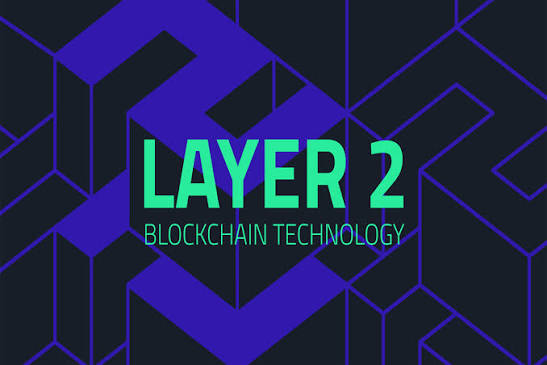 A dark blue and purple graphic with geometric isometric patterns displays the text 'LAYER 2 BLOCKCHAIN TECHNOLOGY' in bright green and blue letters.