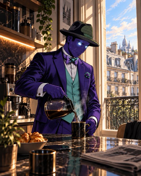 A blue-skinned figure wearing a purple suit and fedora pours coffee from a glass carafe into a mug on a marble counter, with Parisian-style buildings visible through a window behind them.