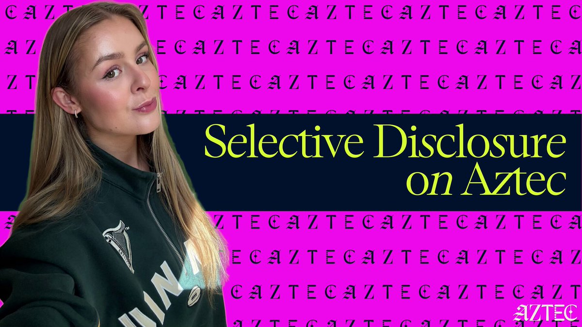 The image features a woman with long blonde hair wearing a green sweatshirt. The background of the image is pink and white, which appears to be a banner or poster related to Aztec culture. Below this, there are some words written in black text that say "Selective Disclosure on Aztec". This suggests that the image might be promoting selective disclosure as an alternative method for tax compliance without revealing sensitive financial information.