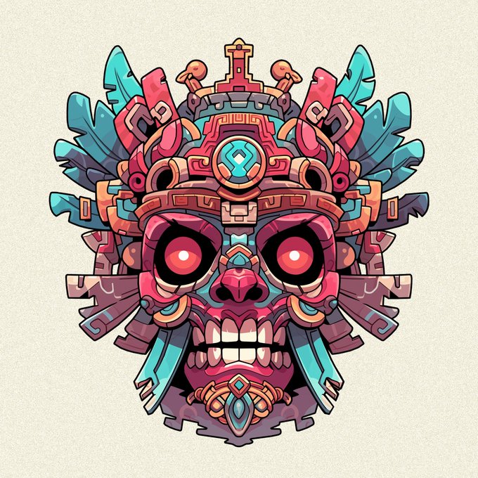 Vibrant, colorful illustration of an Aztec or Mayan-inspired skull mask with intricate decorative patterns in pink, teal, and gold.