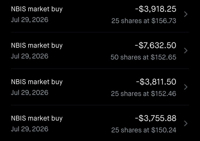 A brokerage transaction history showing four NBIS market buy orders on Jul 29, 2026 — totaling 125 shares at prices ranging from $150.24 to $156.73 — supporting the post's boast about buying the 2026 bottom of the stock.