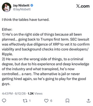 A tweet by Jay Nisbett (@JayNisbett) stating 'I think the tables have turned,' listing reasons regarding the SEC lawsuit and XRP's status.