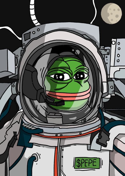 Digital illustration of Pepe the Frog as an astronaut in a spacesuit with a '$PEPE' name tag, set against a space backdrop with the moon.