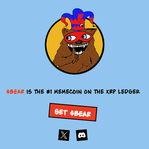 A promotional graphic for a cryptocurrency featuring a cartoon bear wearing a jester hat and a red mask, with text stating '$BEAR IS THE #1 MEMECOIN ON THE XRP LEDGER' and a 'GET $BEAR' button.